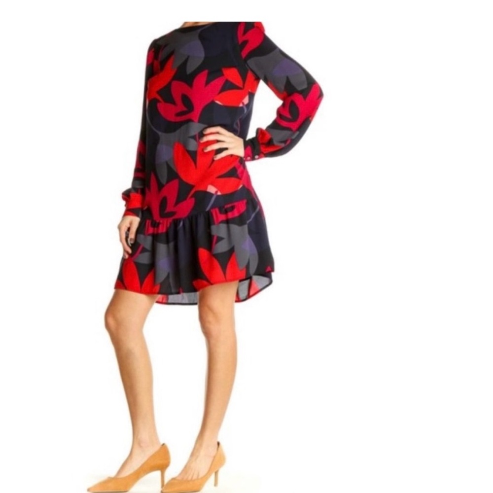 LOFT Vibrant Red and Black Patterned Midi Dress